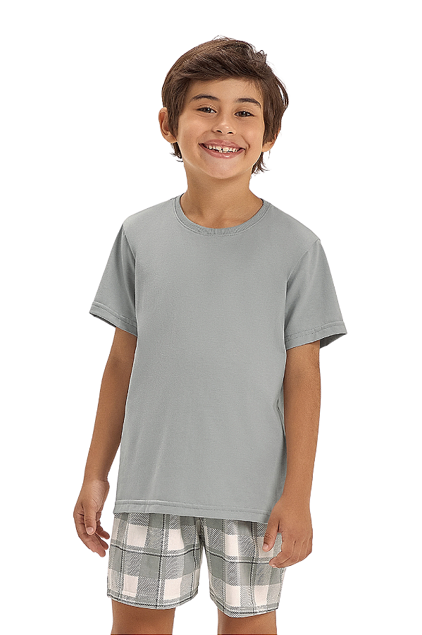 Pijama Menino Manga Curta Cinza Xadrez Cor Com Amor