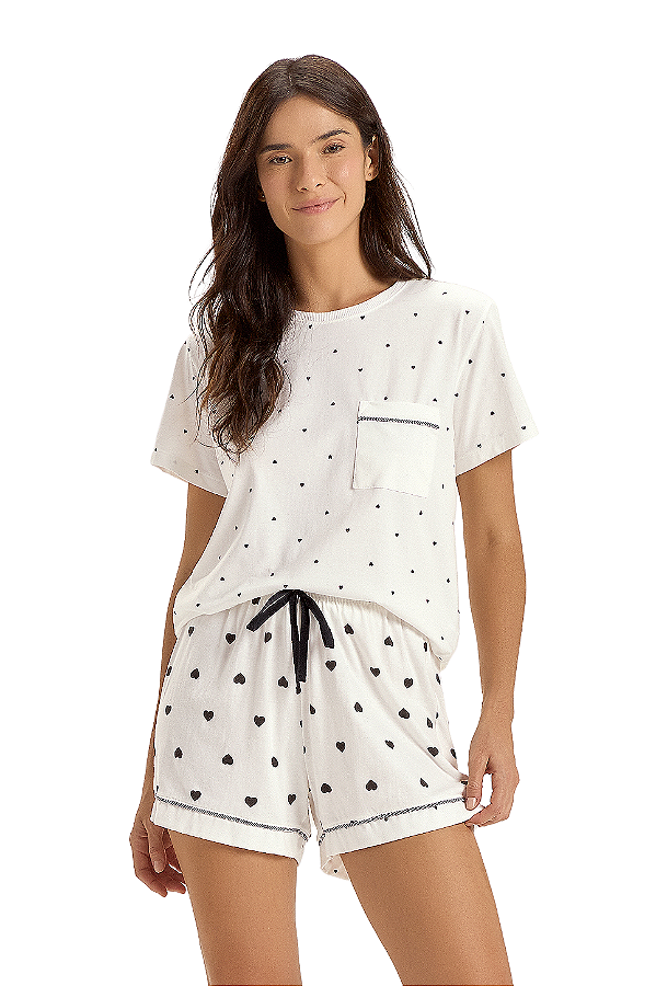 Pijama Manga Curta Off White Corações Pretos Cor Com Amor
