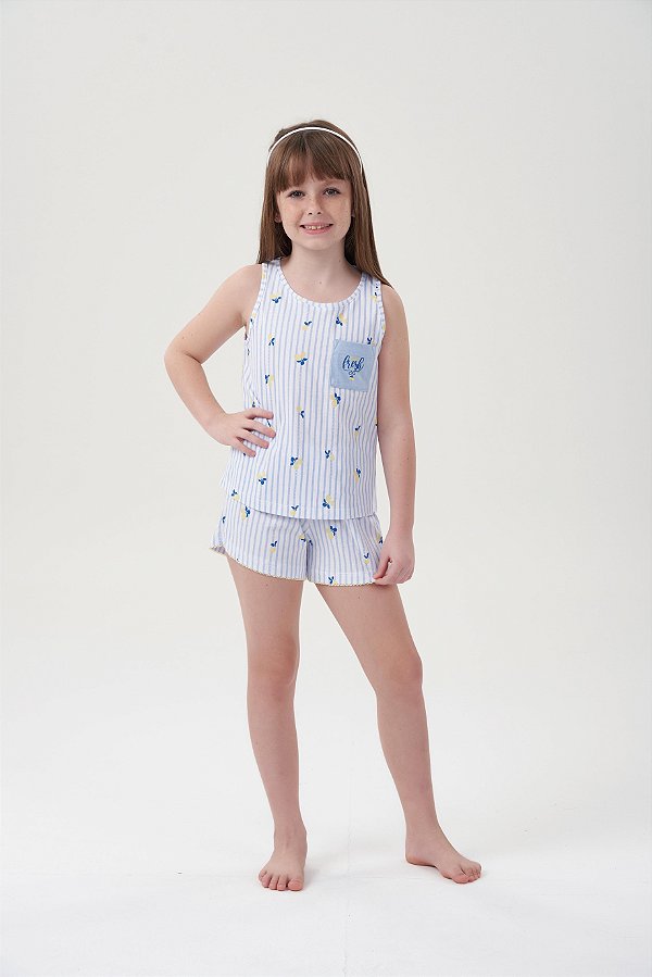 Shortdoll Infantil Regata Branco com Azul Estampa Limão Siciliano