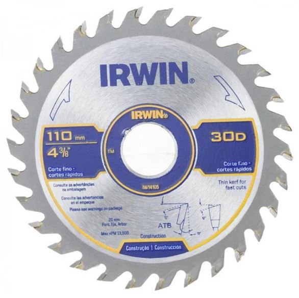 Disco De Serra Circular Para Madeira 4.3/8 110mm 30 Dentes Irwin