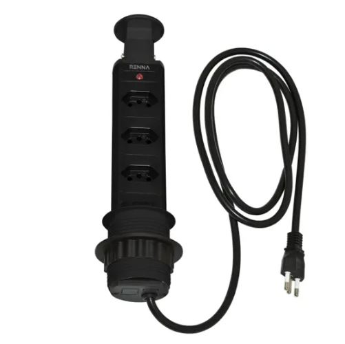 Torre De Tomada com 3 Tomadas  16A Retrátil Preta Renna
