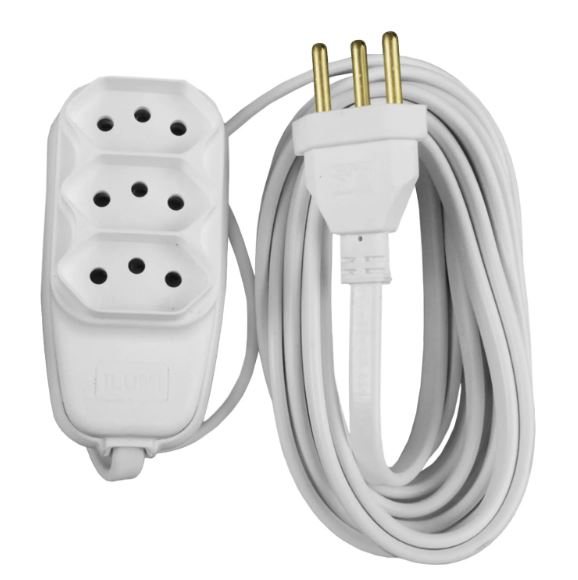 Extensão Cabo PP Chato 4,5m Com 3 Tomadas 2P+T 10A Branco Ilumi