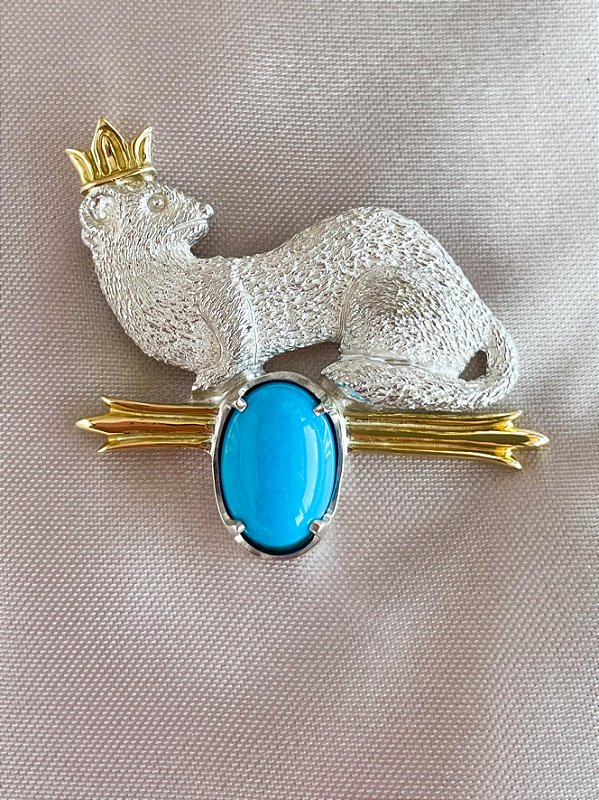 Broche Arminho - ouro amarelo 18k, prata 925 e turquesa