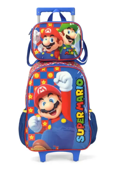 Kit Mochila de Rodinha e Lancheira Super Mario