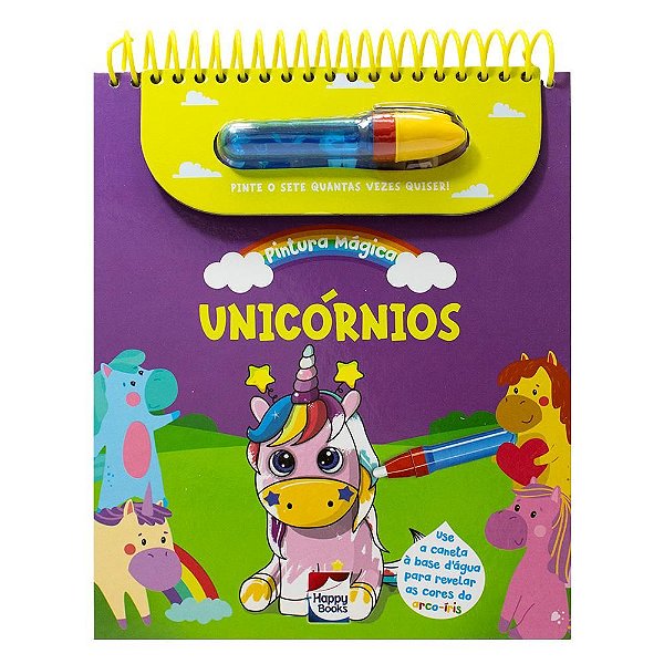 Livro de Pintura Mágica Unicórnios Reutilizável Happy Books