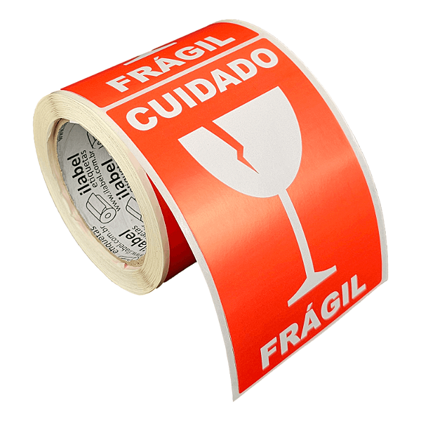 Etiqueta adesiva Cuidado Frágil 100x150mm 10x15cm Couche para caixa de papelão embalagem - Rolo c/ 200 (30m)