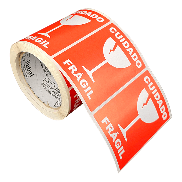 Etiqueta adesiva Cuidado Frágil 100x70mm 10x7cm Couche para caixa de papelão embalagem - Rolo c/ 400 (29m)