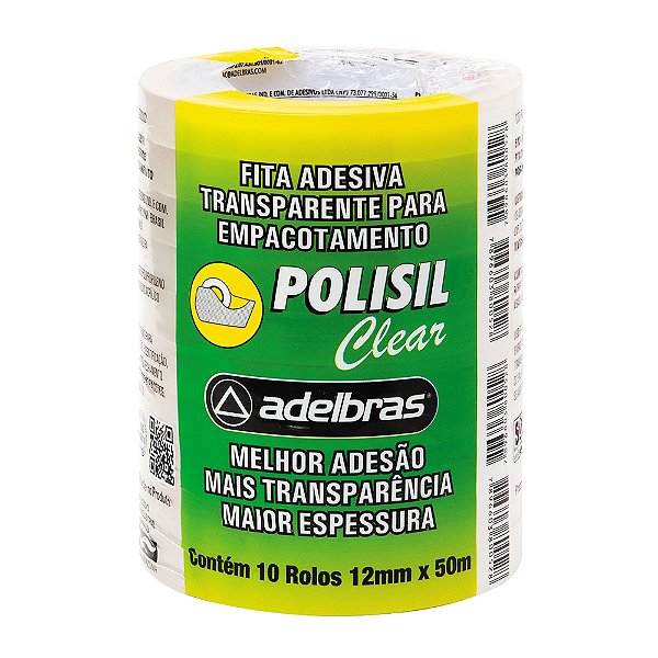Fita adesiva polipropileno 12mm x 50m Transparente Polisil Adelbras - Pacote 10 rolos