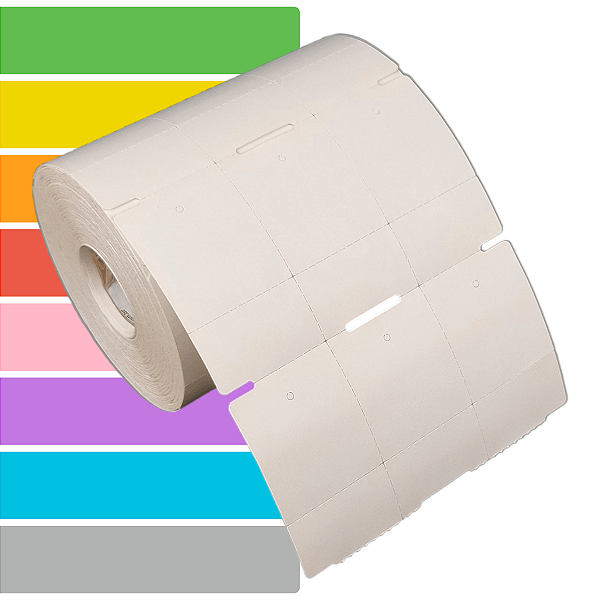 Etiqueta tag roupa adesiva 35x60mm 3,5x6cm (3 colunas) 1 picote Couche cartão Zebra Argox Elgin - Rolo c/ 30m