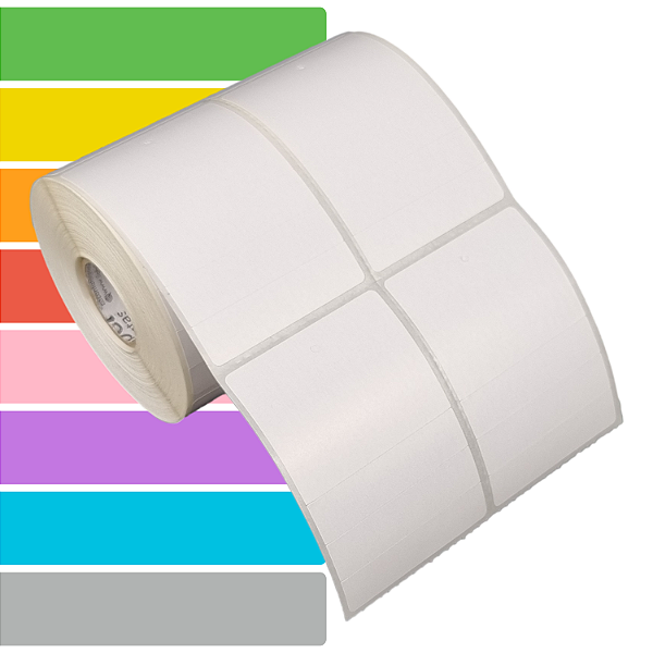 Etiqueta tag roupa adesiva 50x75mm 5x7,5cm (2 colunas) 3 cortes Térmica (impressão s/ ribbon) Rolo c/ 768 (30m)