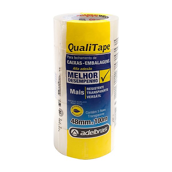 Fita adesiva polipropileno 48mm x 100m Transparente Qualitape Adelbras - Pacote 4 rolos