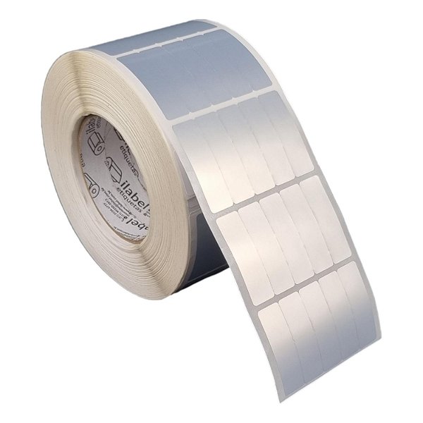 Etiqueta adesiva 15x50mm 1,5x5cm (5 colunas) Poliéster cromo fosco p/ Zebra ZT230 S4M ZT410 Rolo 90m Tubete 3 polegadas