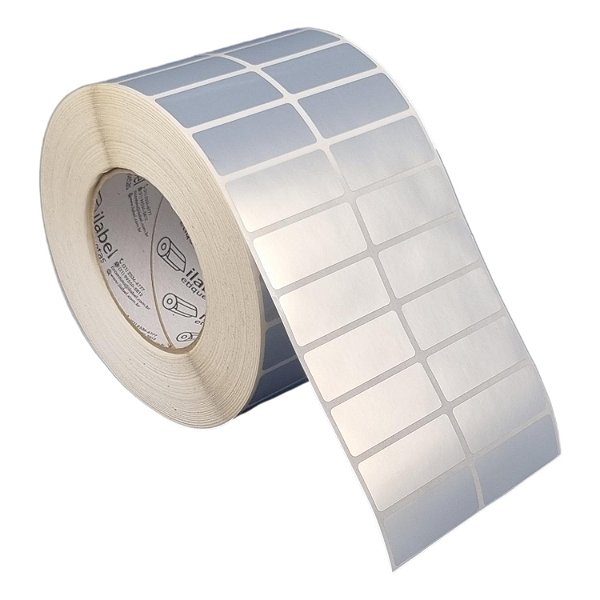 Etiqueta adesiva 50x20mm 5x2cm (2 colunas) Poliéster cromo fosco p/ Zebra ZT230 S4M ZT410 Rolo c/ 90m Tubete 3 polegadas