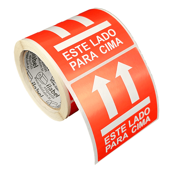 Etiqueta adesiva Este lado para cima 100x100mm 10x10cm Couche para caixa de papelão embalagem - Rolo c/ 300 (31m)