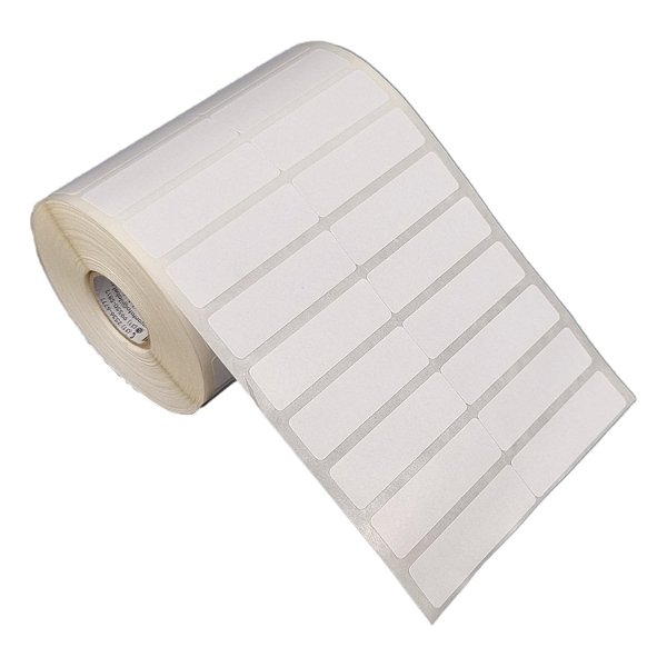 Etiqueta adesiva 50x15mm 5x1,5cm (2 colunas s/ espaçamento) Poliéster branco brilho p/ Zebra Argox Rolo c/ 30m