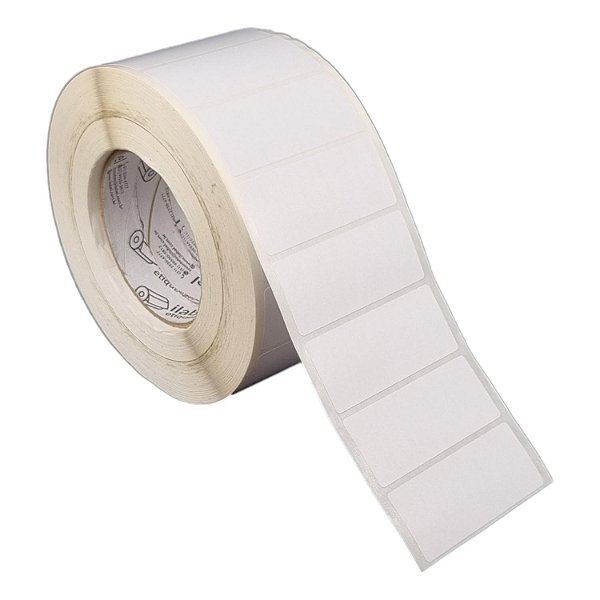 Etiqueta adesiva 70x30mm 7x3cm Poliéster branco brilho p/ Zebra ZT230 S4M ZT410 - Rolo c/ 2727 (90m) Tubete 3 polegadas