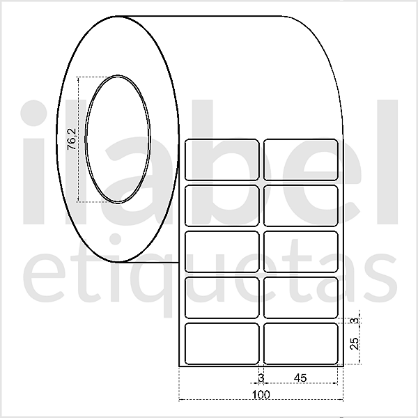 Etiqueta adesiva 45x25mm 4,5x2,5cm (2 colunas) Poliéster cromo fosco p/ Zebra ZT230 S4M ZT410 Rolo 90m Tubete 3 pol