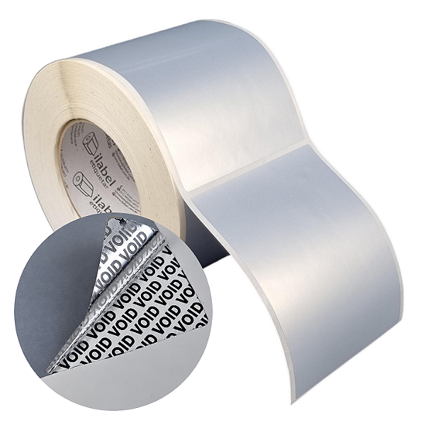 Etiqueta adesiva 100x130mm 10x13cm VOID prata fosco p/ Zebra ZT230 S4M ZT410 - Rolo c/ 678 (90m) Tubete 3 polegadas