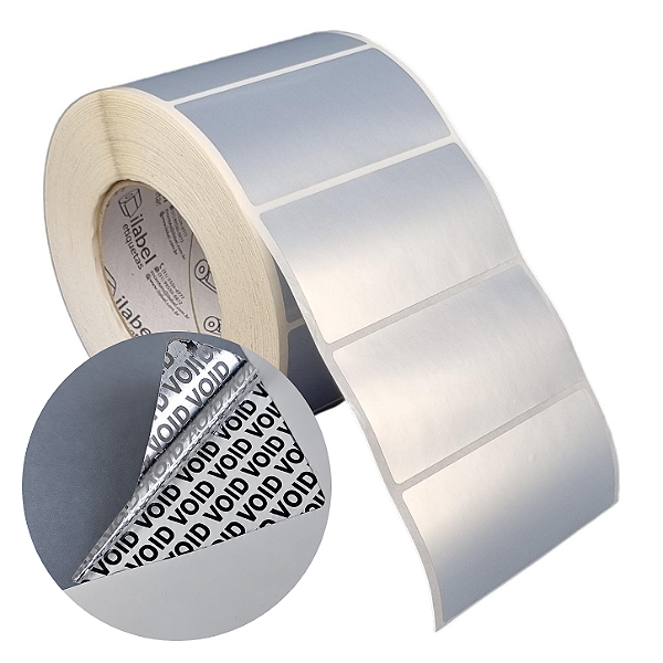 Etiqueta adesiva 100x50mm 10x5cm VOID prata fosco p/ Zebra ZT230 S4M ZT410 - Rolo c/ 1698 (90m) Tubete 3 polegadas