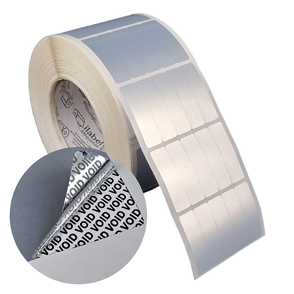 Etiqueta adesiva 15x50mm 1,5x5cm (5 colunas) VOID prata fosco p/ Zebra ZT230 S4M ZT410 Rolo 90m Tubete 3 polegadas
