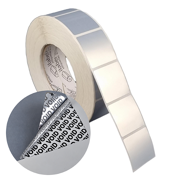 Etiqueta adesiva 40x40mm 4x4cm (1 coluna) VOID prata fosco p/ Zebra ZT230 S4M ZT410 Rolo c/ 90m Tubete 3 polegadas