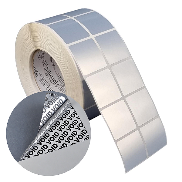 Etiqueta adesiva 40x40mm 4x4cm (2 colunas) VOID prata fosco p/ Zebra ZT230 S4M ZT410 Rolo c/ 90m Tubete 3 polegadas
