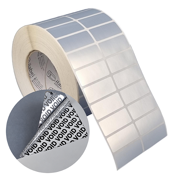 Etiqueta adesiva 50x20mm 5x2cm (2 colunas) VOID prata fosco p/ Zebra ZT230 S4M ZT410 Rolo c/ 90m Tubete 3 polegadas