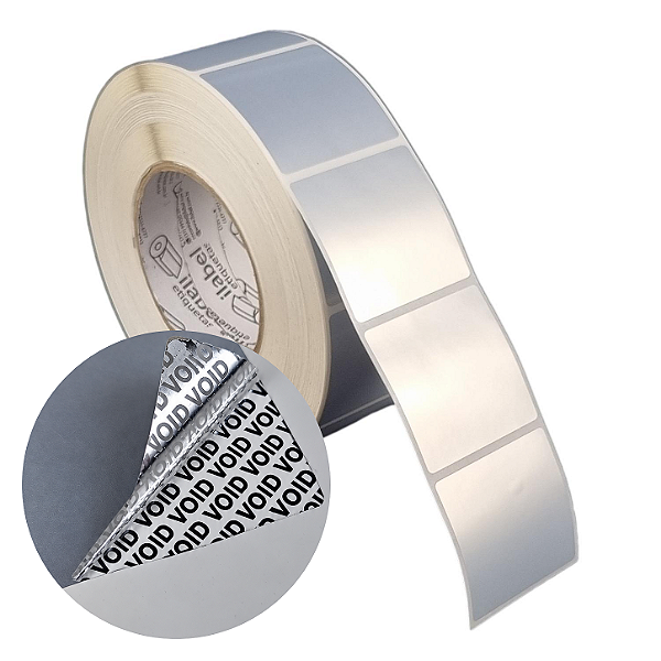 Etiqueta adesiva 50x50mm 5x5cm (1 coluna) VOID prata fosco p/ Zebra ZT230 S4M ZT410 Rolo c/ 90m Tubete 3 polegadas