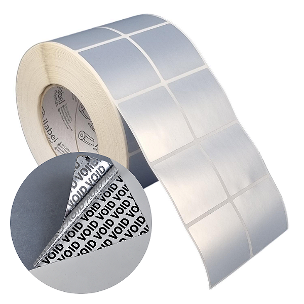 Etiqueta adesiva 50x50mm 5x5cm (2 colunas) VOID prata fosco p/ Zebra ZT230 S4M ZT410 Rolo c/ 90m Tubete 3 polegadas