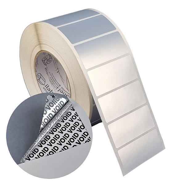 Etiqueta adesiva 70x30mm 7x3cm VOID prata fosco p/ Zebra ZT230 S4M ZT410 - Rolo c/ 2727 (90m) Tubete 3 polegadas