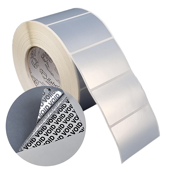 Etiqueta adesiva 80x50mm 8x5cm VOID prata fosco p/ Zebra ZT230 S4M ZT410 - Rolo c/ 1698 (90m) Tubete 3 polegadas