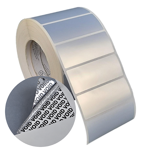 Etiqueta adesiva 90x35mm 9x3,5cm VOID prata fosco p/ Zebra ZT230 S4M ZT410 - Rolo c/ 2368 (90m) Tubete 3 polegadas