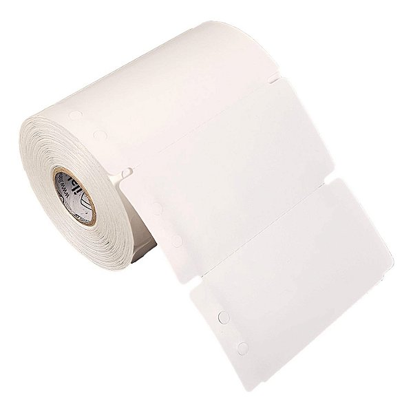 Etiqueta tag plástica 100x50mm 10x5cm (2 furos) Polietileno PE BCD 80 micras branco Zebra Argox Elgin Rolo c/ 600 (30m)