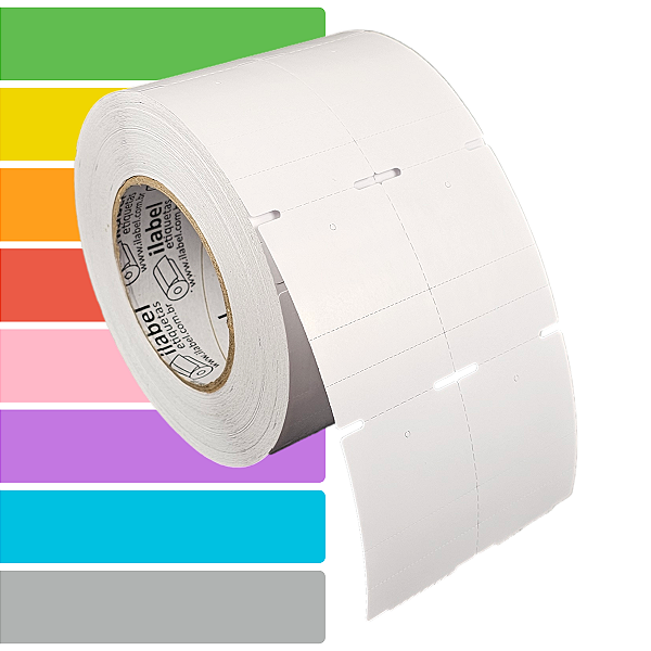 Etiqueta tag roupa 50x70mm 5x7cm (2 col) 2 picotes Couche cartão 150g Zebra ZT230 S4M Rolo 90m Tubete 3 pol