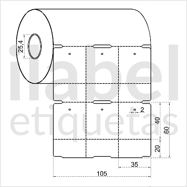 Etiqueta tag roupa plástica 35x60mm 3,5x6cm (3 col) 1 picote Polietileno PE BCD 140 micras Zebra Argox Elgin Rolo c/ 30m