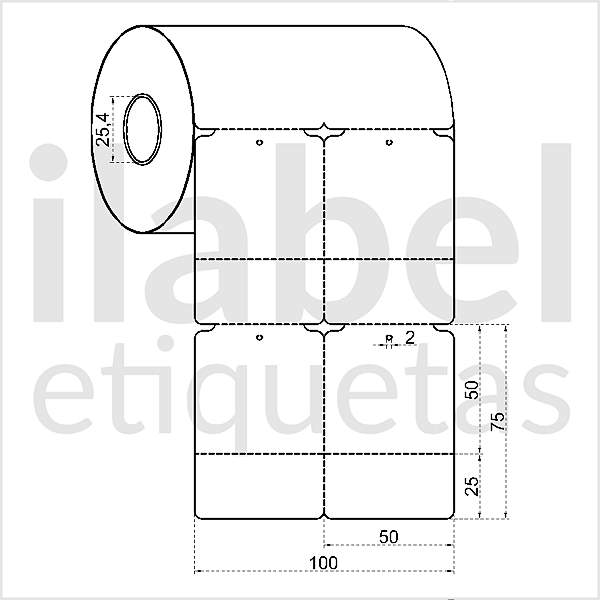 Etiqueta tag roupa plástica 50x75mm 5x7,5cm (2 col) 1 picote Polietileno PE BCD 200 micras Zebra Argox Elgin Rolo c/ 30m