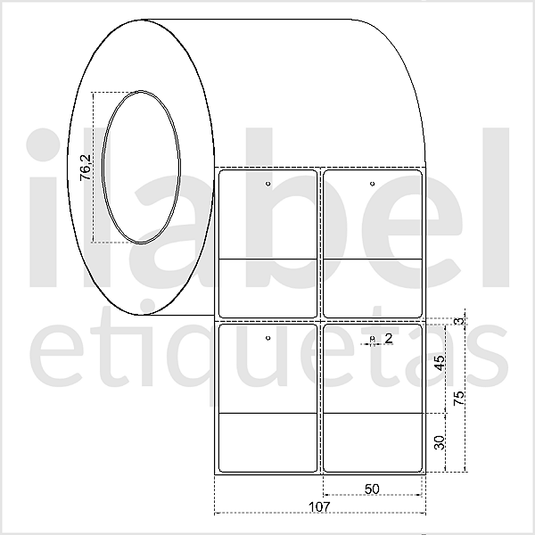 Etiqueta tag roupa adesiva 50x75mm 5x7,5cm (2 col) 1 corte Couche p/ Zebra ZT230 S4M Rolo 90m Tubete 3 pol