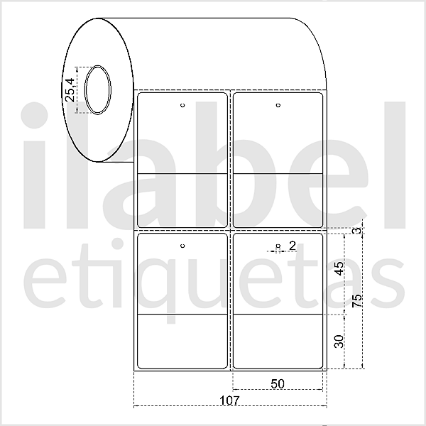 Etiqueta tag roupa adesiva 50x75mm 5x7,5cm (2 colunas) 1 corte Couche p/ Zebra Argox Elgin - Rolo c/ 768 (30m)