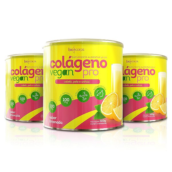 Kit 3 Potes Pro colágeno vegan limão 330g com 100mg ácido hialurônico + 100mg de acido Ortosilíssico frete gratís