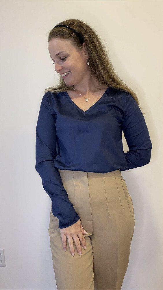 BLUSA MANGA LONGA GOLA V AZUL MARINHO - ALGODÃO EGÍPCIO