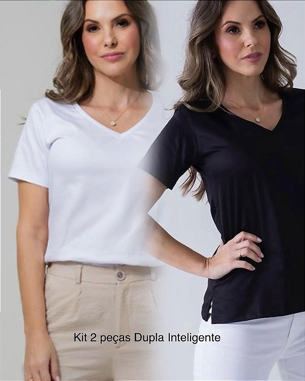 KIT 2 peças - Dupla Inteligente - Camiseta Gola V Branca + Preta - Algodão Egípcio