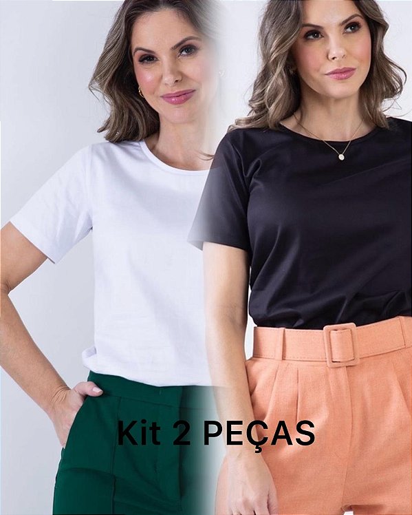 KIT 2 PEÇAS - CAMISETA GOLA C PRETA E BRANCA - ALGODÃO EGÍPCIO