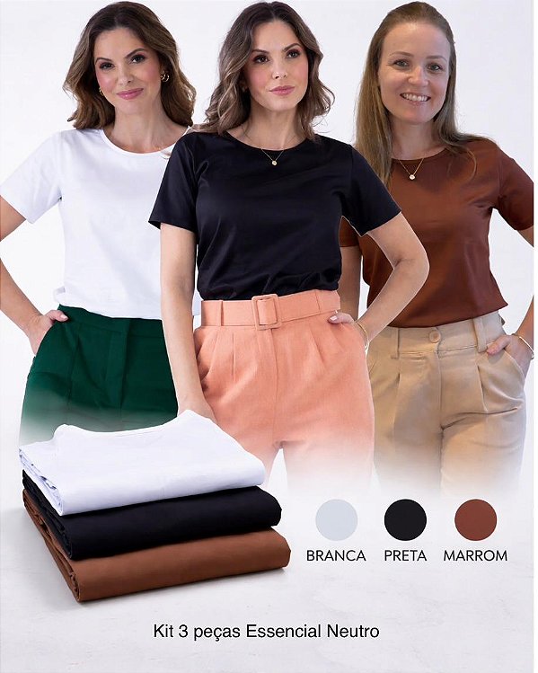 KIT 3 peças - Essencial Neutro - Camiseta Gola C Branca + Preta + Marrom - Algodão Egípcio