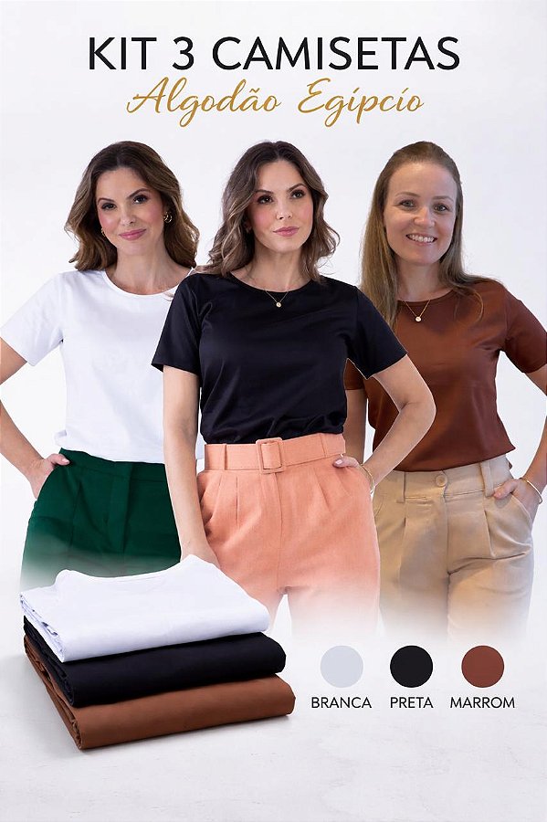KIT 3 PEÇAS - CAMISETA GOLA C BRANCA , PRETA E MARROM - ALGODÃO EGÍPCIO