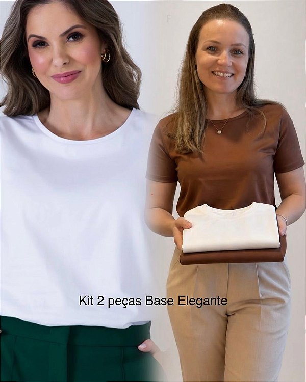 KIT 2 peças - Base Elegante - Camiseta Gola C Branca + Marrom - Algodão Egípcio