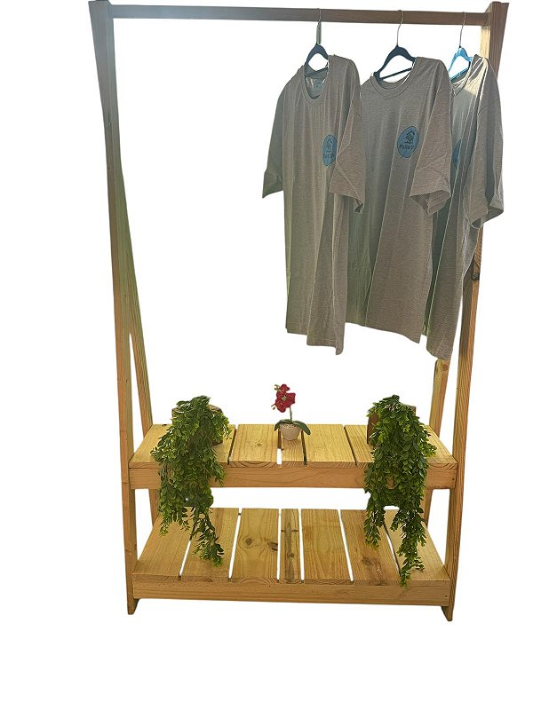 Arara de Madeira com 2 Prateleiras para Locação – Pinus Natural - 1,10