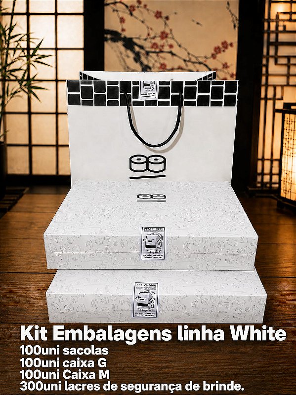 Kit Embalagens Linha white 300uni/100unid sacolas/100uni caixa G/100unid caixa M/300unid lacres de segurança brinde.