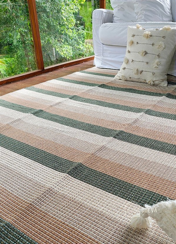 Tapete Artesanal Algodão Listrado Botanique 200 X 250 Verde Marrom