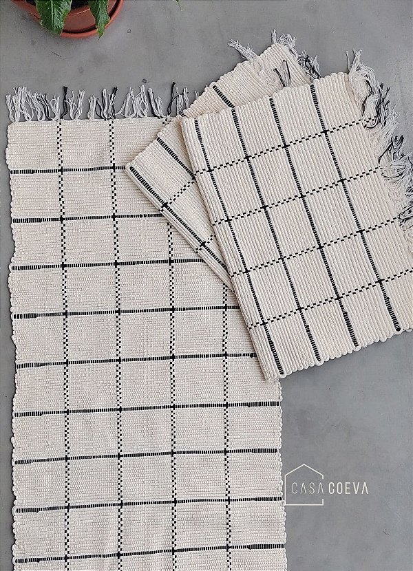Jogo de tapete cozinha branco preto grid linha 3 peças