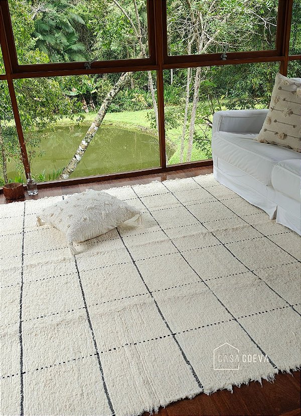 Tapete Artesanal Algodão Sala Quarto Grid Preto 200 x 300